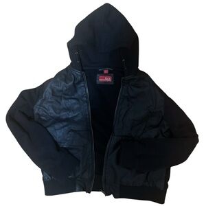 Black contrast fake leather jacket with hood
